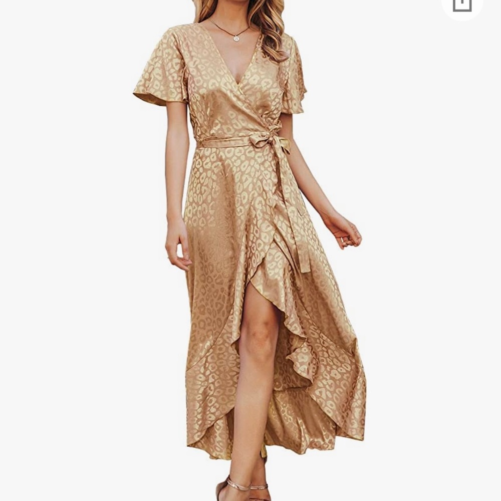 Women's Summer Chiffon V Neck Ruffle Maxi Dress Cheetah print Wrap Dress